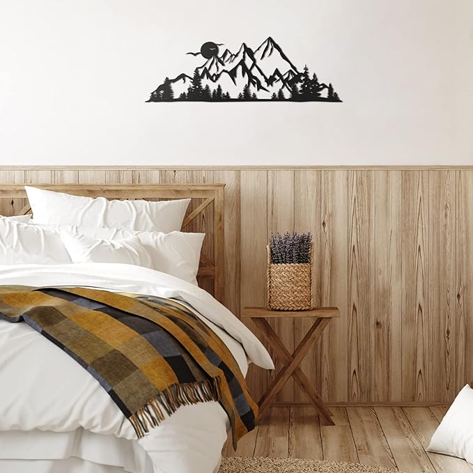 Demissle Metal Mountain Wall Art Blue Ridge Mountain Wall Decor Nature Forest Tree Sticker 15.7 x 5.3 Inch Summit Rustic Sign Scene Art Decor for Home Living Room Bedroom Indoor Outdoor(Black)