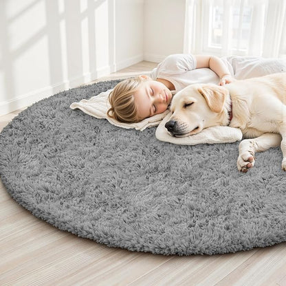 Light Gray Round Fluffy Rug 6ft Plush Fuzzy Shaggy Carpet,Soft Rugs for Living Room for Nursery,Preppy Dorm,Classroom,Playroom,Teen,Baby Home Decor (Light Gray 6"x6")