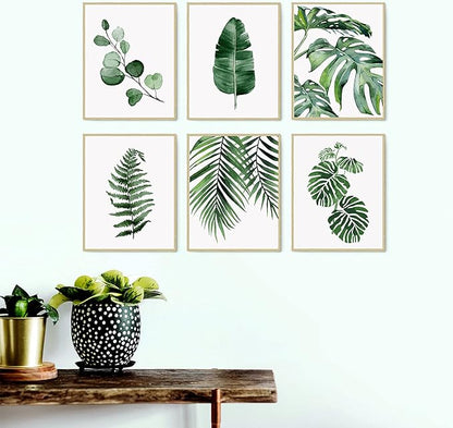 HoozGee Botanical Wall Art Prints Set of 6 Tropical Leaves Canvas Decor Plant Leaf Boho Wall Decor Pictures Green Boho Posters Art Set Bathroom Wall Art Poster (11"x14" UNFRAMED)