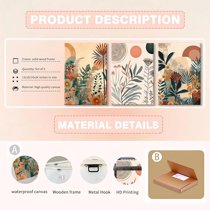 LYPHNX Framed Boho Burnt Orange Botanical Floral Canvas Wall Art Abstract Terracotta Jungle Poster Pictures Set of 3 Flower Prints Painting Home Decor for Bathroom Bedroom Living Room 12"x16"