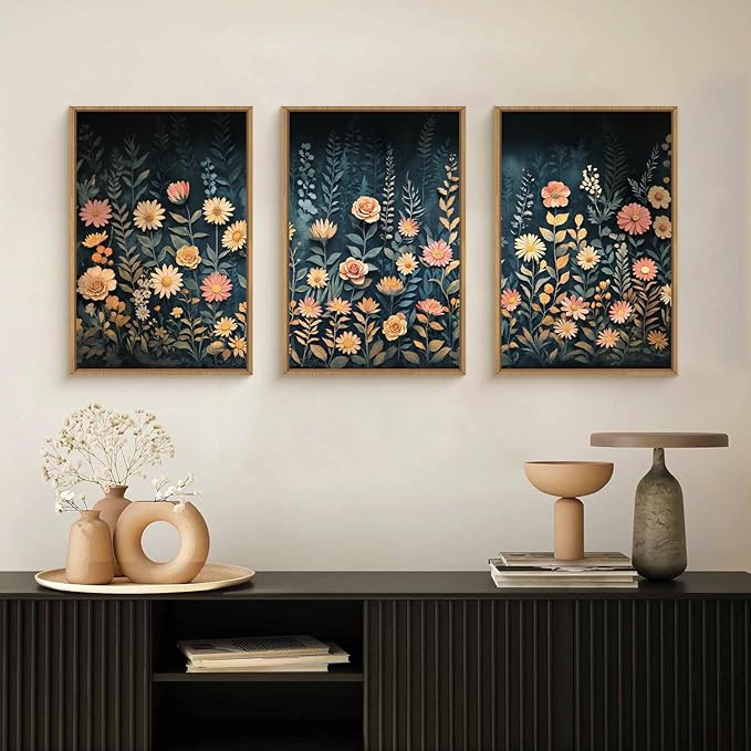 HPNIUB Moody Dark Wildflowers Framed Wall Art Set,Modern Botanical Floral Wall Decor,Dark Blue Colorful Flower Vibrant Printing,Nature Spring Flower Artwork for Living Room, Bedroom,Office-24''x36''x3