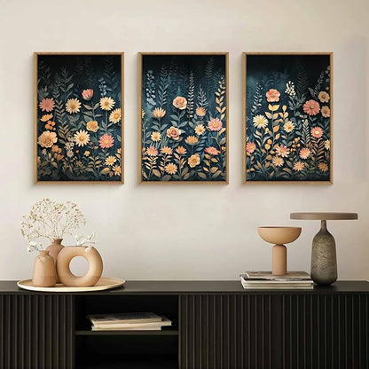 HPNIUB Moody Dark Wildflowers Framed Wall Art Set,Modern Botanical Floral Wall Decor,Dark Blue Colorful Flower Vibrant Printing,Nature Spring Flower Artwork for Living Room, Bedroom,Office-16''x24''x3