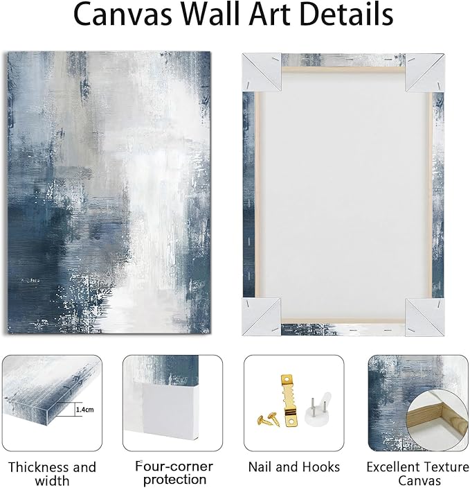 WENGTIAO 3 Pcs Navy Blue Abstract Canvas Wall Art Prints Modern Minimalist Blue Gray Artwork for Walls Framed White Neutral Poster Paintings Decor for Living Room Bedroom Bathroom Office 16x24x3Pcs
