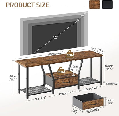 RALGEND TV Stand with LED Lights, for TVs up to 55 Inches, 47" Entertainment Center with Fabric Drawer & Soundbar Shelf, Media Console Table for Living Room, Bedroom, Rustic Brown and Black 1201DSDBB