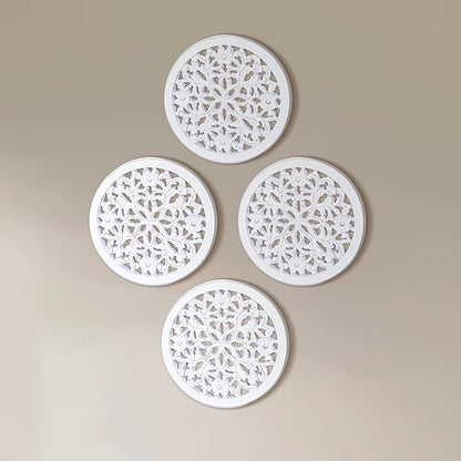 Wood Wall Art - Wall Panels in Handcrafted Carved Wood For Livingroom Bedroom,Dining room,Elegant Decorative Wall Art for Home & Office 12x12" Set of 6 white Antique