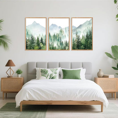 CHDITB Mountain Landscape Framed Canvas Wall Art(24"x36"), 3 Panels Boho Nature Forest Artwork Prints, Large Abstract Modern Green Pine Trees Art Decor for Bedroom Living Room Office