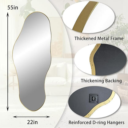Large Asymmetrical Mirrors, 55"x22" Irregular Shaped Mirror, Gold Metal Frame Abstract Wall Mirror Decorative, Modern Funky Mirrors for Living Room Bathroom Bedroom Hallway Entryway Fireplace