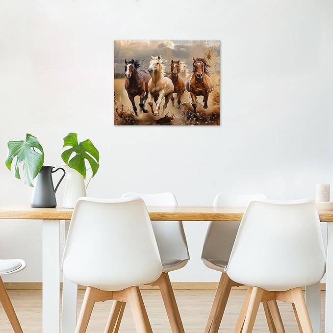 LB Vintage Horse Canvas Wall Art Brown White Horse Animal Wall Decor Running Horses Prints Wall Decoration for Living Room Bedroom Home Office Framed Ready to Hang 12L x 12W