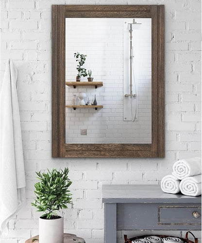 AAZZKANG Rustic Wood Mirror Rectangle Decorative Wall Hanging Mirrors with Frame Large 26"x18" for Bedroom Living Room Bathroom Home Entryway