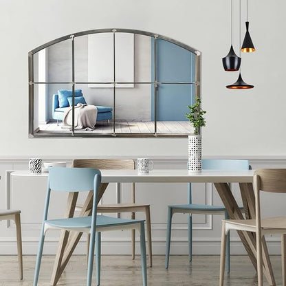 WAMIRRO Wide Window Pane Black Mirror,Farmhouse Arched Wall Mirror,Mantel Mirror for Fireplace/Entryway/Hallway/Living Room,42“X28” (Vintage Retro-Grey Wide)