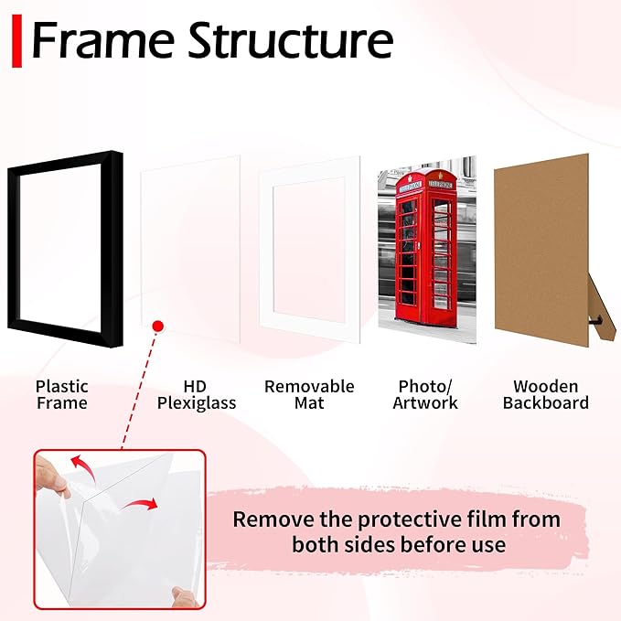 8x8 Picture Frame, Black Photo Frame for Tabletop or Wall Display, Display Pictures 4x4 with Mat or 8x8 Without, Frame Collage with HD Plexiglass for Wall Gallery Decor, 2 Pack with Gadget