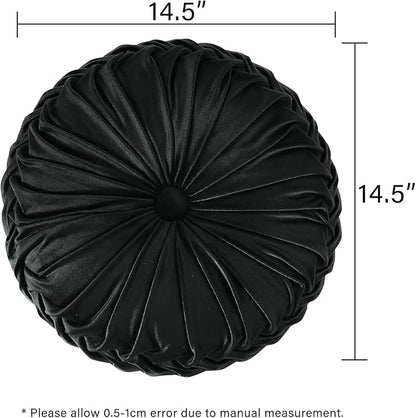 HIG Set of 2 Decorative Round Pleated Throw Pillows, Classy Accent Pumpkin Throw Pillows with Center Button, Vintage Velvet Floor Pillows for Sofa Vanity Chair Bed, Black, 14.5" Diameter(Ripple)