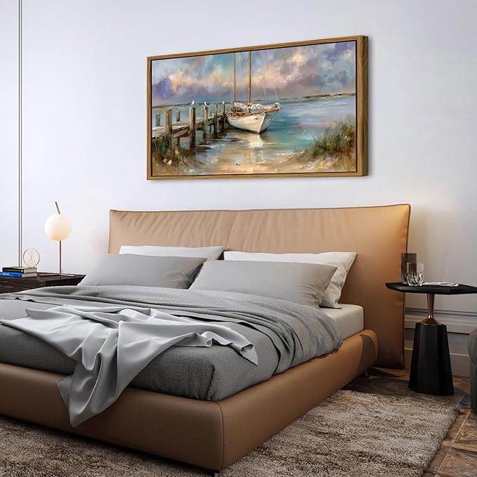 Abstract Ocean Framed Wall Art Coastal Room Decor Rustic Beach Rowboat Landscape Picture Canvas Prints for Living Room Cottagecore Decor Seaside Poster Sea View Painting Artwork Home Decoration 30x57.8"