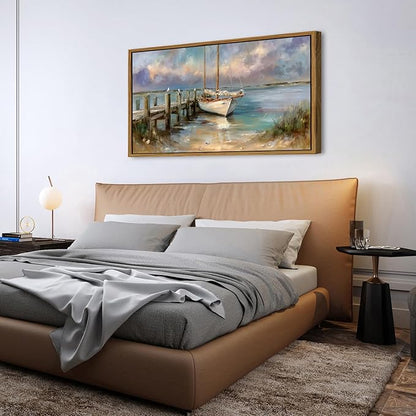 Abstract Ocean Framed Wall Art Coastal Room Decor Rustic Beach Rowboat Landscape Picture Canvas Prints for Living Room Cottagecore Decor Seaside Poster Sea View Painting Artwork Home Decoration 30x57.8"