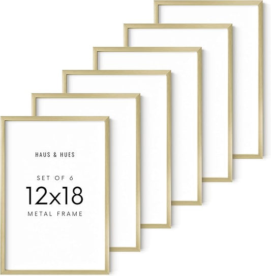 HAUS AND HUES 12x18 Gold Metal Picture Frames - Premium Aluminum with Hanging Hardware, Shatterproof Plexiglass - Perfect for Home or Office (12x18 in, Gold, Set of 6)