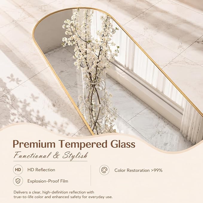 Full Length Mirror, Arched Floor Mirror Freestanding, Floor Standing Full Body Mirror with Stand for Bedroom, Hanging Mounted for Living Room Cloakroom