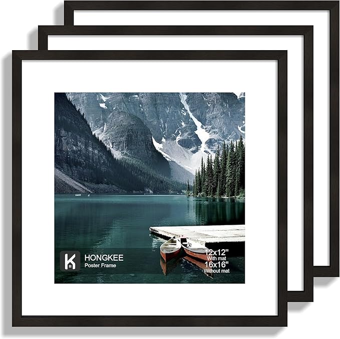 Hongkee 16x16 Square Frame Set of 3 - Display 12x12 Photo with Mat or 16 x 16 Poster without Mat, Wall Mounting Horizontal and Vertical, Black