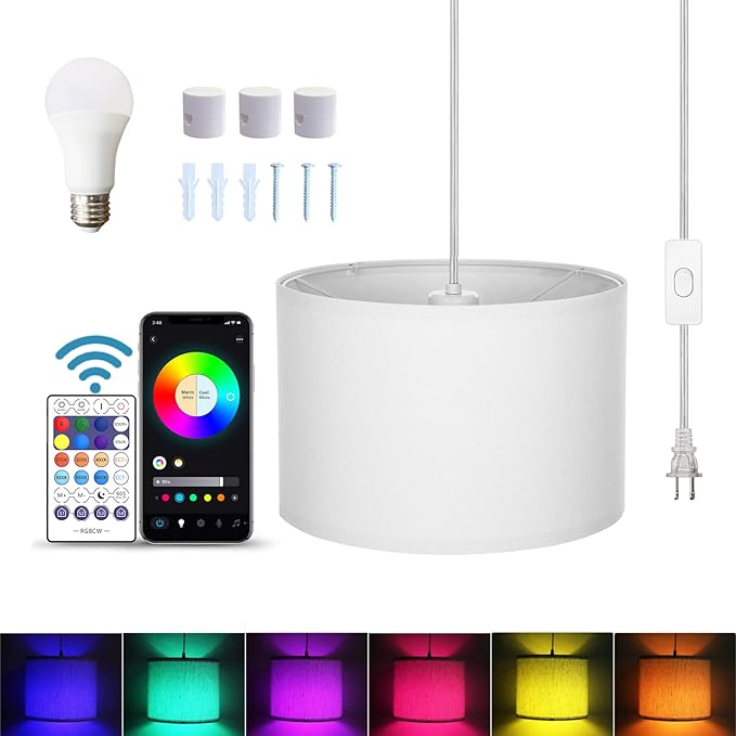 ZSLAIFU 15FT Plug in Pendant Light, Hanging lamp with Switch,White Hanging Lights with Plug in Cord, Pendant Lamp with Remote Control，Pendant Light Fixture for Living Room Bedroom Farmhouse