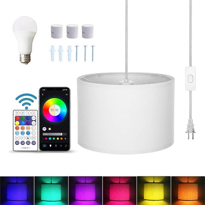 ZSLAIFU 15FT Plug in Pendant Light, Hanging lamp with Switch,White Hanging Lights with Plug in Cord, Pendant Lamp with Remote Control，Pendant Light Fixture for Living Room Bedroom Farmhouse