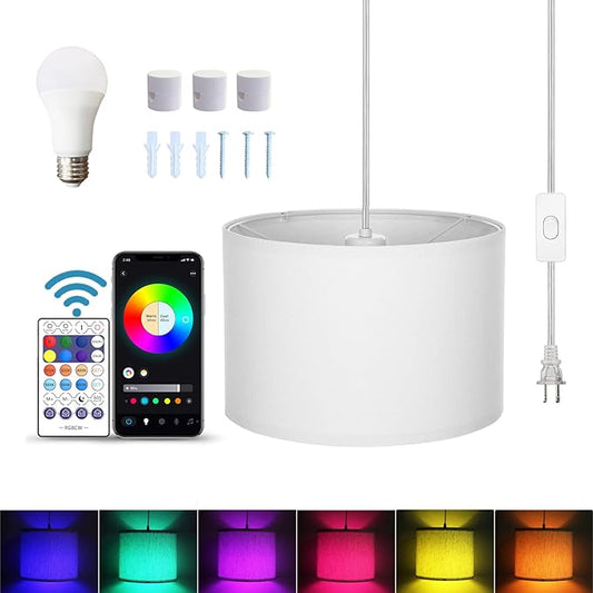 ZSLAIFU 15FT Plug in Pendant Light, Hanging lamp with Switch,White Hanging Lights with Plug in Cord, Pendant Lamp with Remote Control，Pendant Light Fixture for Living Room Bedroom Farmhouse