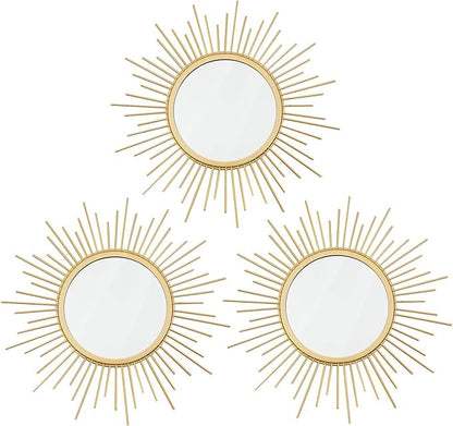 3 Pack Metal Mirrors for Wall Sunburst Wall Mirrors Home Décor Decorative Hanging Wall Art for Living Room Bedroom Entryway (Gold, Sunburst)