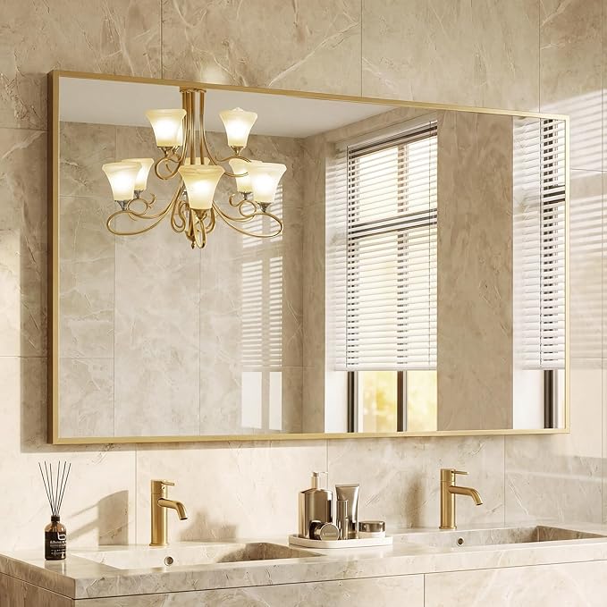 NEWBULIG 30" x 48" Gold Rectangle Bathroom Mirror for Wall, Morden Wall Mirror with Metal Frame, Tempered Glass, Vanity Mirror for Over Sink, Entryway, Living Room, Anti-Rust, Horizontal or Vertical