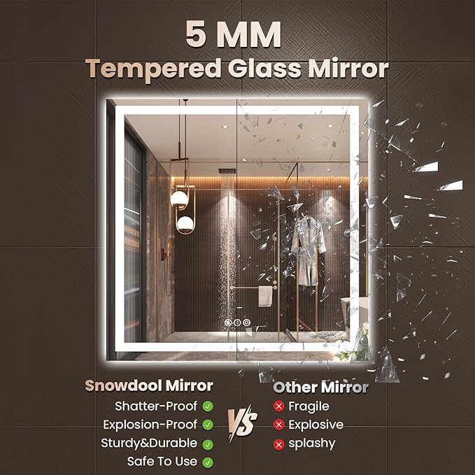 Snowdool 28"X36" LED Bathroom Mirror with Front Lights and Backlit, Anti-Fog, Dimmable, Shatter-Proof Tempered Glass, Lighted Bathroom Vanity Mirror for Wall with 3 Colors, Memory Function