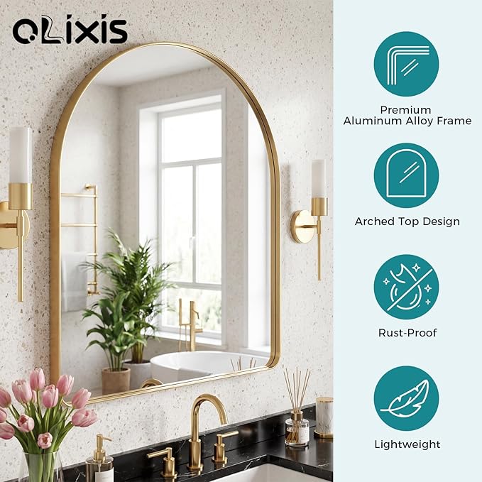 OLIXIS Arched Bathroom Mirror for Over Sink, 34x32 Inch Wall Mirror Arched Rounded Rectangle, Modern Wall Mount Vanity Mirror with Matte Metal Deep Framed, for Home Decor, Living Room, Gold
