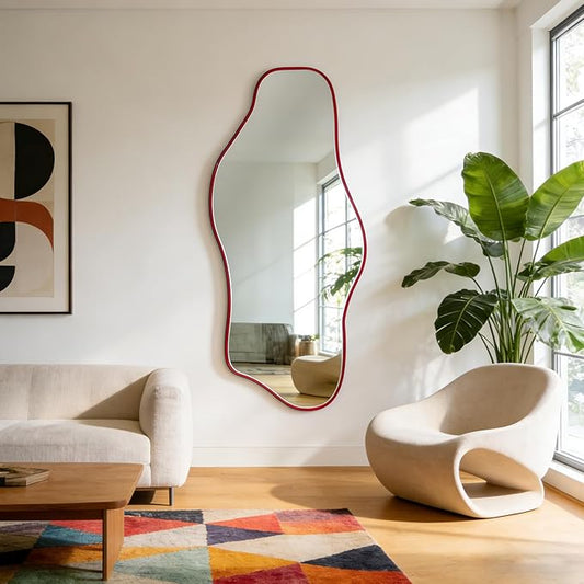 Irregular Mirror Full Length, 67"x31" Red Asymmetrical Tempered Glass Mirror, Large Organic Frameless Wall Mirrors for Living Room Bedroom Hallway Entryway, Horizontal or Vertical Hanging