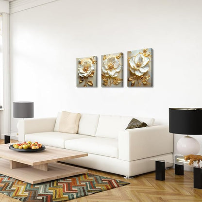 WENGTIAO Modern White Floral Golden Leaves Canvas Wall Art Set, Neutral 3d Flowers Wall Painting Pictures Boho Beige Blossom Wall Decor Posters Print Artwork for Bedroom Living Room Office 12x16x3Pcs