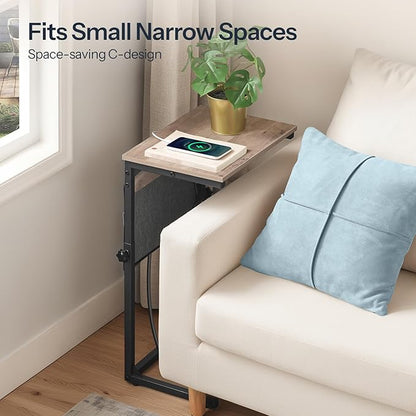 HOOBRO C Shaped End Table with Charging Station, 30” Adjustable Height Sofa Side Table with Storage Pocket, Slide Under Couch Table for Sofa Arm Tray, for Living Room, Bedroom, Greige BG77USF01