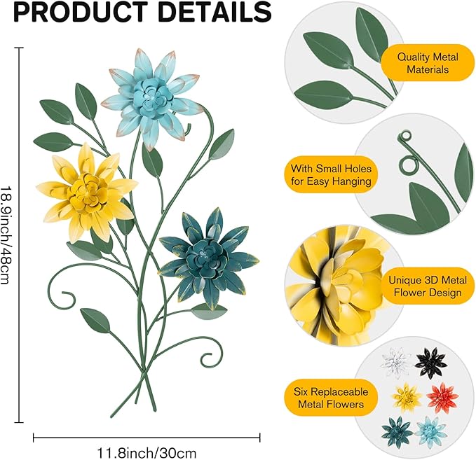 KHJCXS 19"×12" Metal Flower Leaf Wall Art with 6 Piece Interchangeable Flowers, Modern Rustic Iron Artwork Hanging Decor, for Home Bedroom Living Room Dining Room Kitchen Office