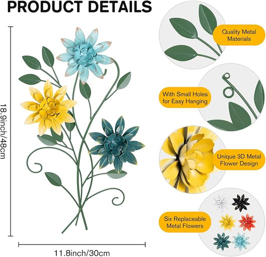 KHJCXS 19"×12" Metal Flower Leaf Wall Art with 6 Piece Interchangeable Flowers, Modern Rustic Iron Artwork Hanging Decor, for Home Bedroom Living Room Dining Room Kitchen Office