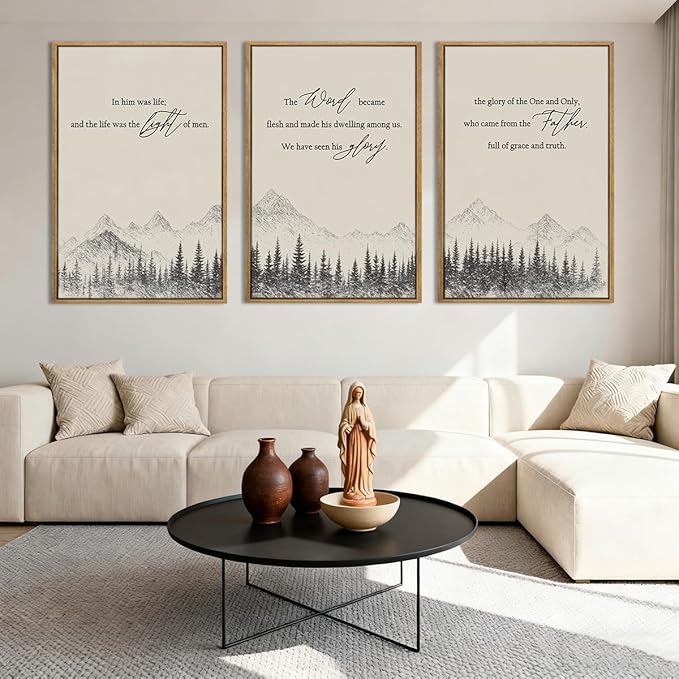 IARTTOP Extra Large Christian Bible Verse Framed Wall Art 24x36 Inch Set of 3 Easter Jesus Catholic Biblical Scripture Canvas Wall Decor Minimalist Grey Mountain Landscape Prints for Living room Dining room