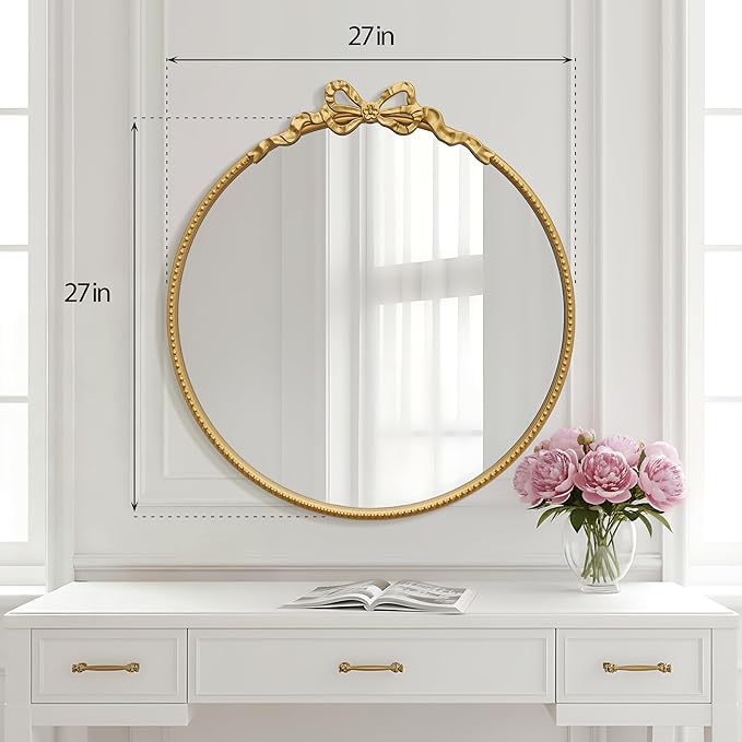 Besdomus Gold Round Bow Mirror: 27" Modern Circle Bathroom Vanity Mirror - Baroque Traditional Ornate Beaded Decorative for Wall/Cloakroom/Bedroom/Dressing Room - Ideal for Fashion Conscious Women