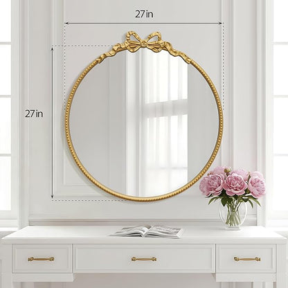 Besdomus Gold Round Bow Mirror: 27" Modern Circle Bathroom Vanity Mirror - Baroque Traditional Ornate Beaded Decorative for Wall/Cloakroom/Bedroom/Dressing Room - Ideal for Fashion Conscious Women