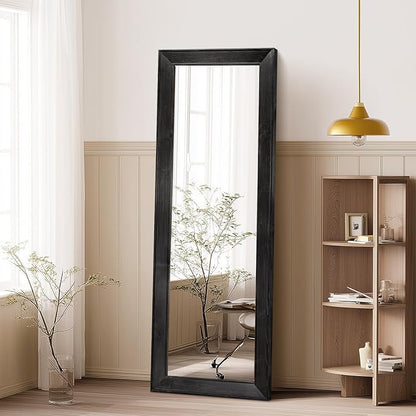 Full Length Mirror 58"x22" - Beveled Edge Rustic Black Dressing Mirror, Solid Wood Frame, Wall Mounted or Leaning for Bedroom, Entryway, Living Room
