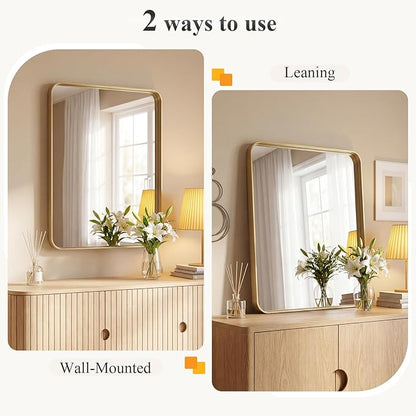 NEWBULIG 28X36 Inch Bathroom Mirror for Over Sink, Wall Vanity Mirrors Tempered Glass, Anti-Rust Metal Framed Rounded Rectangle, Hangs Horizontally or Vertically, Farmhouse Home Decor, Gold