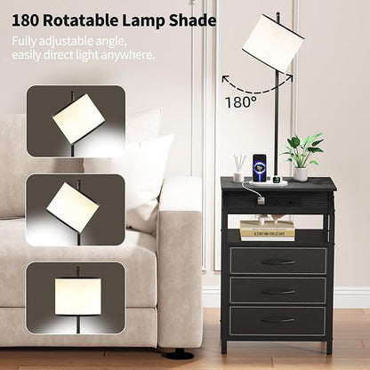 End Table with Floor Lamp Set of 2, Nightstand with Charging Station, Floor Lamp Table with 3-Color Temperature Bulb, Bedside Table Night Stand with 3 Drawers for Bedroom, Living Room, Black