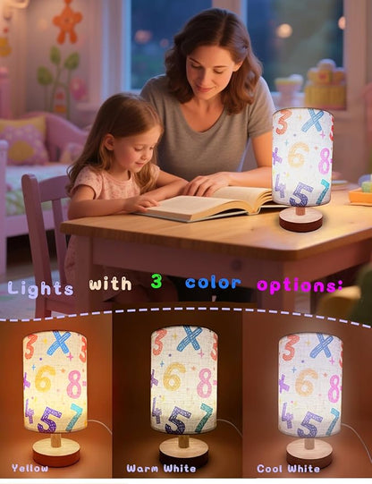 Kids Table Lamp, Small Bedside Lamp, 3 Color Changing LED Night Light with 9 Brightness Levels Wood Nightstand Desk Base Flaxen Fabric Shade for Bedroom Living Room (Colored Numbers)