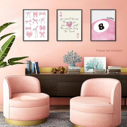 Trendy Pink Bows Posters Wall Art Set of 3, Vintage Preppy Lucky 8 Ball Canvas Wall Decor, Pink Girly Room Aesthetic Picture Prints Painting for College Apartment Living Room Bedroom 12x16 In Unframed