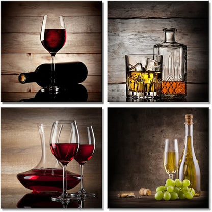 Wieco Art Red Wine Cups Modern Kitchen Wall Art Dinning Room Wall Decor 4 Panels Abstract Canvas Prints Artwork Contemporary Vintage Pictures Paintings on Canvas Wall Art for Kitchen Home