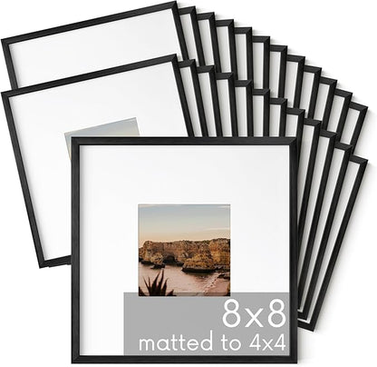 HAUS AND HUES 8x8 Black Metal Picture Frames Matted to 4x4 - Features Premium Aluminum & Hanging Hardware, Shatterproof Plexiglass - Ideal for Home, Room, Office (8x8 in, Black, Set of 25)