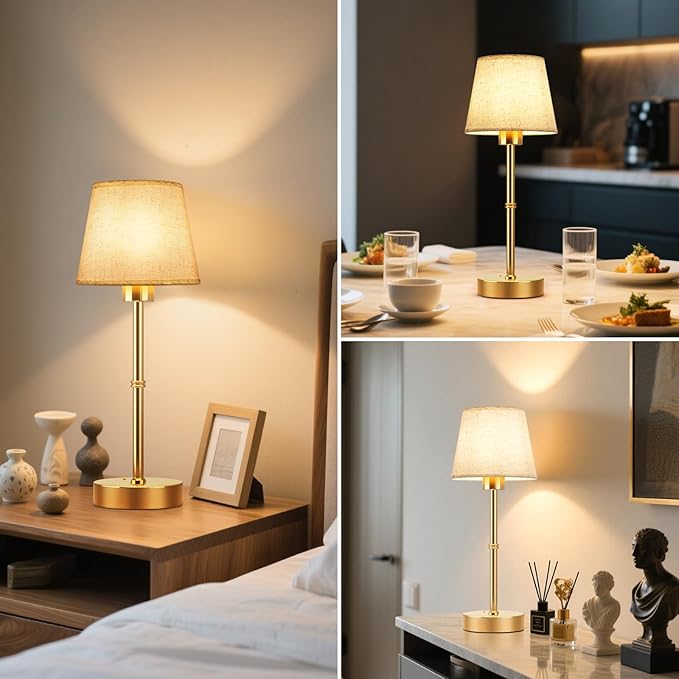 FRIDEKO HOME Rechargeable Table Lamp Gold - Cordless Battery Operated Lamp, Fabric Shade Desk Lamp, Wireless Lamp for Decor Bedroom Dining Table Counter (2pcs-Linen-Bulb Included-15.7in)