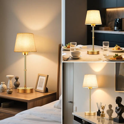 FRIDEKO HOME Rechargeable Table Lamp Gold - Cordless Battery Operated Lamp, Fabric Shade Desk Lamp, Wireless Lamp for Decor Bedroom Dining Table Counter (1pcs-Linen-Bulb Included-15.7in)