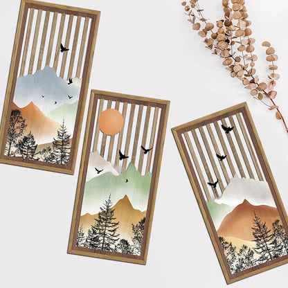 KAIRNE Mountain Landscape Wooden Wall Decor Set or 3(16”X8”) Framed,Boho Orange Wood Hanging Decor,Nature Bohemian Wall Art,Vintage Farmhouse Wooden Sign for Bedroom Living Room Office Decoration