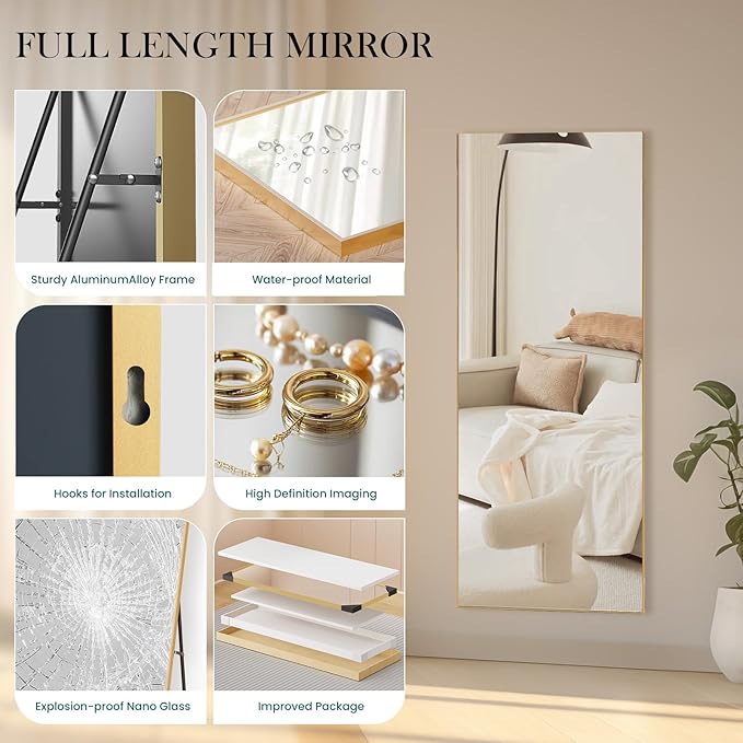 NEWBULIG Mirror Full Length, 64"x21" Body Wall Mirrors with Shatter-Proof Glass, Upgraded Floor Standing Mirror, Hanging or Leaning, with Stand Aluminum Alloy Frame for Home Decor, Bedroom, Gold