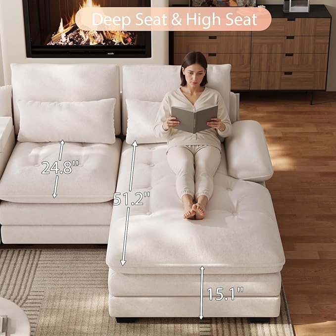 134"U Shaped Sectional Couch for Living Room, Modern Chenille 6 Seat Living Room Sofa Set with Storage Console, Oversized Modular Sectional Fluffy Couch with Tufted Buttons & Chaise Lounge,Beige