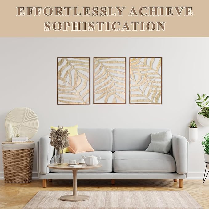 Jinzhenhong 3Pcs Modern Wooden Wall Sculptures, Leaf Sign Vintage Tropical Plant Wall, Wood Rustic Palm Leaf Wall Art Decor for Living Room Bathroom Bedroom Office (Leaf 2 Light Brown)