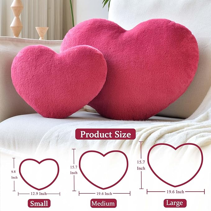 XVTRU Rose Red Heart Pillows, Cute Heart Decorative Pillow, Heart Shaped Throw Pillows for Bed, Faux Rabbit Fur Plush Hoom Decor Pillow Cushion for Chair Sofa Living Room (Large-19.6"x15.7")